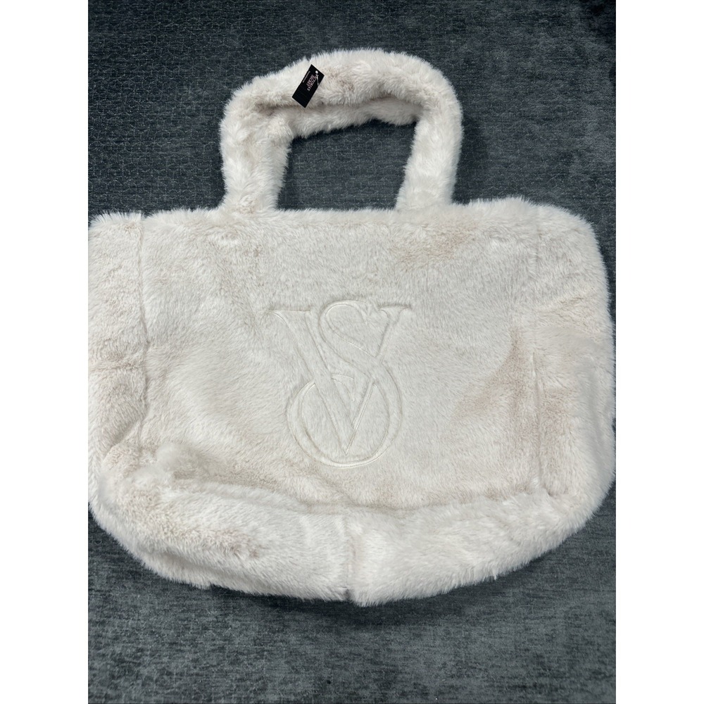 Victoria's Secret Faux Fur Tote Bag Cream Ivory‎ VS Logo NWT Soft Plush Handbag